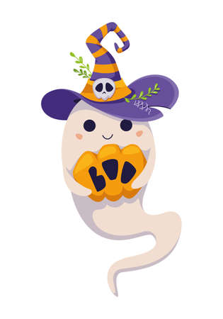 Halloween ghost holding pumpkin in witch hat. Cartoon vector illustrationのイラスト素材