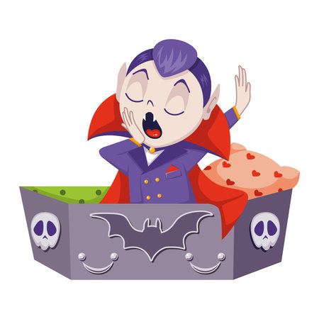 Count Dracula for halloween. Vampire waking up to coffin. Vector flat cartoon illustrationのイラスト素材