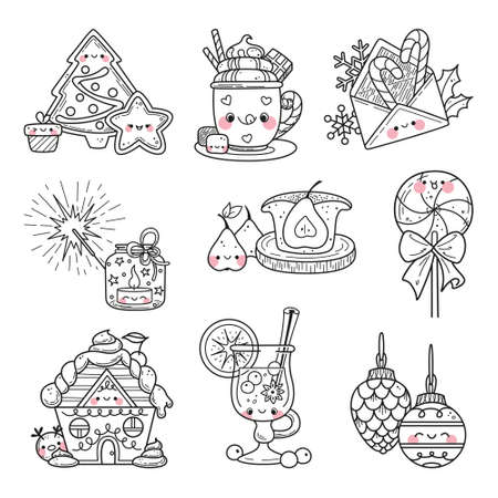 Set of christmas elements in kawaii doodle styleのイラスト素材