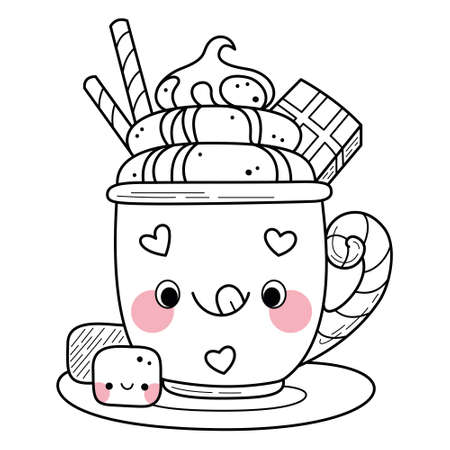 Kawaii cup of sweet drink coloring page for kids. Cartoon vector illustrationのイラスト素材