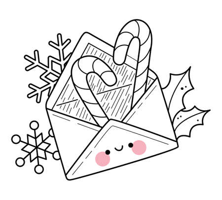 Kawaii Christmas envelope with sweets coloring page for kids. Cartoon vector illustrationのイラスト素材