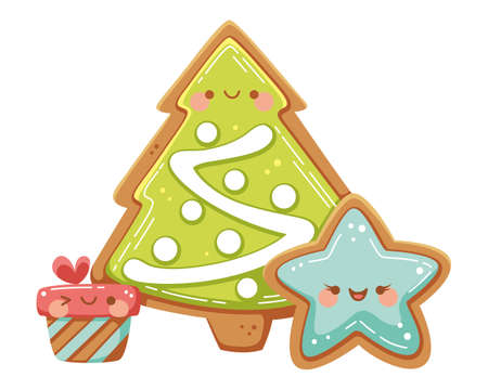 Kawaii Christmas cookies. Flat vector illustrationのイラスト素材