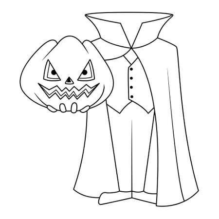 Halloween man with pumpkin for head coloring page. black and white cartoon illustrationのイラスト素材
