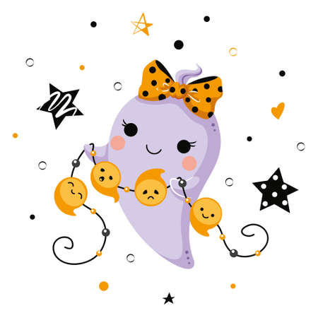 Kawaii ghost with garland for Halloween. cartoon vector illustrationのイラスト素材