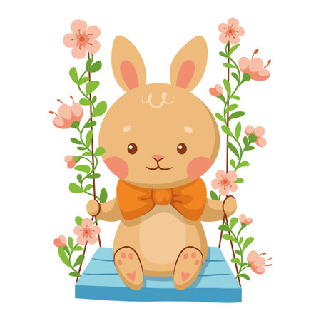 Cute easter bunny sitting on swing cartoon vector illustrationのイラスト素材