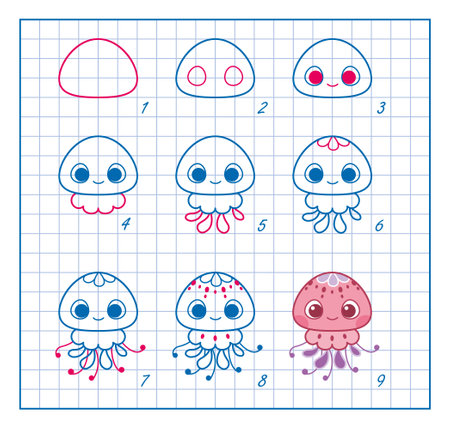 How to Draw Jellyfish, Step by Step Lesson for Kids cartoon vector illustrationのイラスト素材