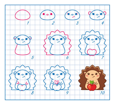 How to Draw Hedgehog, Step by Step Lesson for Kids cartoon vector illustrationのイラスト素材