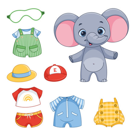 Elephant with clothes. Dress up paper doll. cartoon vector illustrationのイラスト素材