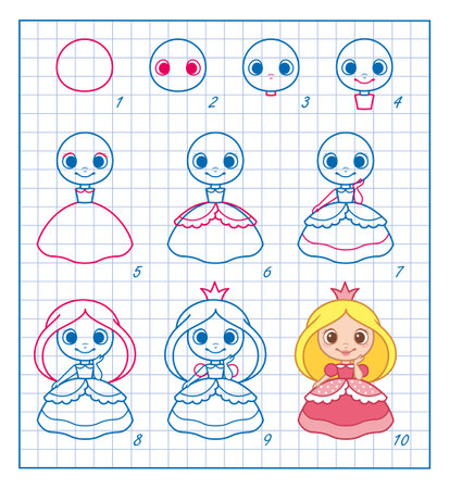 How to Draw Princess, Step by Step Lesson for Kids cartoon vector illustrationのイラスト素材