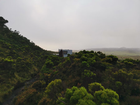 hiking through volcanic landscape on Pico Islandの写真素材