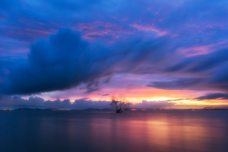 Scene of beautiful sunrise in the morning. sky background and sunlight in the morning.の写真素材