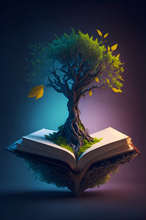 Open book with tree over floating colourful leaves, created using generative ai technology. Mental,...