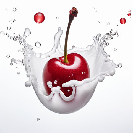 Fresh single cherry berry with drops flying falling in splashing water isolated on white background.の写真素材