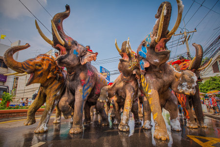 AYUTTAYA, THAILAND - APRIL 14: Songkran Festival is celebrated in a traditional New Year s Day from April 13 to 15, dancing with elephants and peoples on April 13, 2014 in Ayuttaya, Thailand のeditorial素材