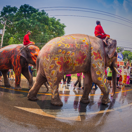 AYUTTHAYA, THAILAND - APRIL 13: Songkran Festival is celebrated in a traditional New Year's Day from April 13 to 15, with the splashing water with elephants on April 13, 2014 in Ayuttaya, Thailand. のeditorial素材