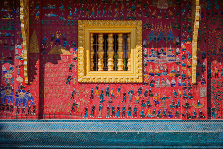 Glass mosaic at wat xieng thong temple wall, Luang prabang,Laosの写真素材