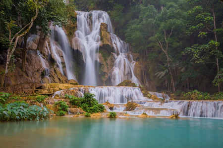 Kuang Si waterfall with blue minerals water in Luang Prabang province, Laosの写真素材