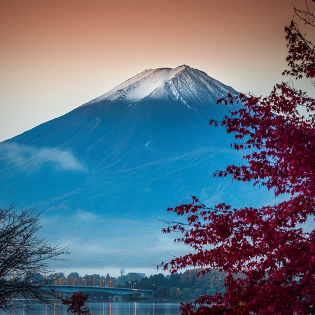 Mount Fuji at Kawakuchiko lake in Japanの写真素材