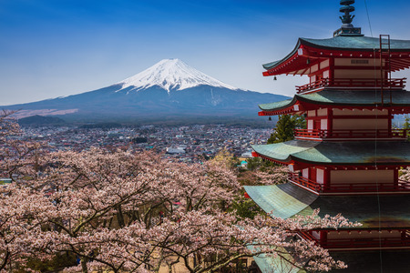 Red pagoda with Mt. Fuji as the backgroundのeditorial素材