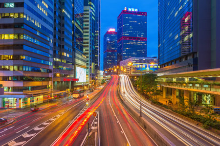 Hongkong China June 1 2015: Car light trails and urban landscape in Hong Kong.のeditorial素材