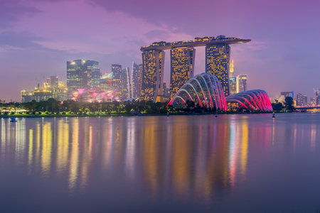 Singapore, Singapore- August 9, 2015: Cityscape of Singapore. Skyline and modern skyscrapers of business district Marina Bay Sands at most financial developing Asian city state.のeditorial素材