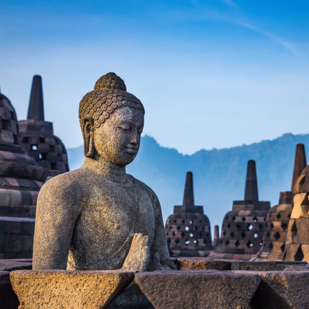Buddha statue in Borobudur Temple, Java island, Indonesia.の写真素材