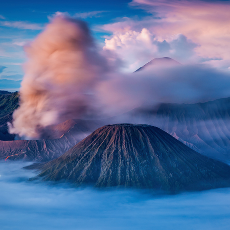 Bromo, Batok and Semeru volcanoes at sunrise, Java island, Indonesiaの写真素材
