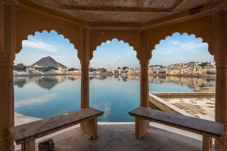 A view of pushkar lake - a well known pilgrimage center for hindu pilgrims at Pushkar, Rajasthanの写真素材