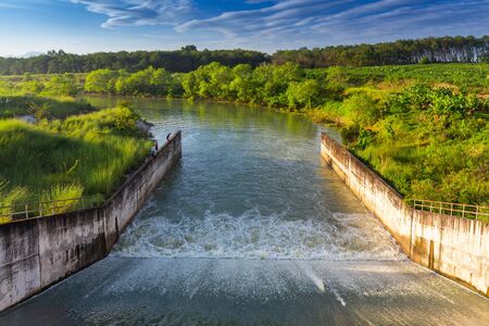 Klong Yai Reservoir, Big Overflow pot of reservoir, weir and water hyacinth, Rayong Province ,Thailandの写真素材