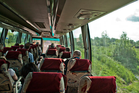 The tourist bus during a trip across Moscow area.の写真素材