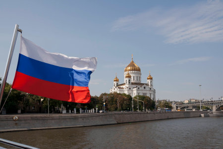 National flag of Russia against the Moscow sights.の写真素材