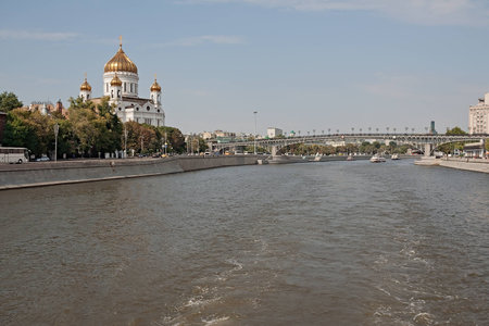 Panorama of Moscow near the Cathedral of Christ the Saviour with a path from the motor ship on water.の写真素材