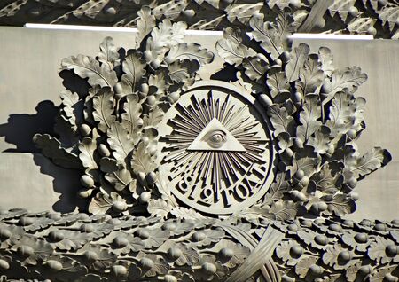 Freemasonry symbol in the form of "eye of Omniscience" on the Alexandria column in St. Petersburg (Russia).の写真素材