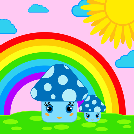 The lovely mushrooms against the background of the rainbow and the sunのイラスト素材