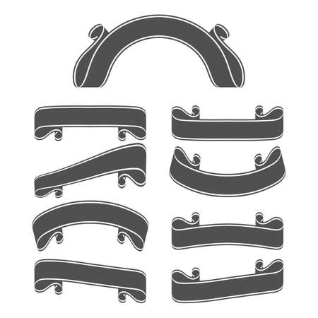 Set of black silhouettes of ribbons of banners. With space for text. Simple flat vector illustration isolated on white background. Suitable for infographics, design, advertising, holidays, labels.のイラスト素材