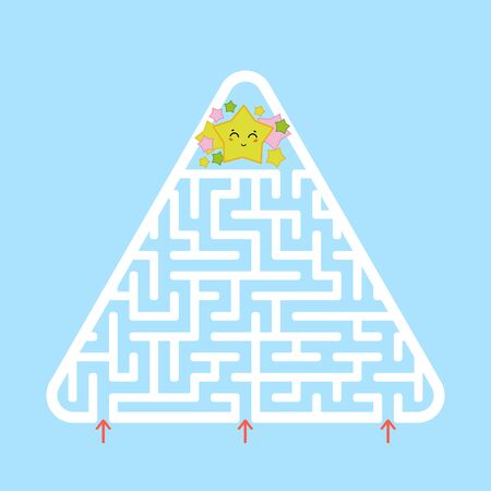 Triangular white labyrinth. Find the right entrance to the labyrinth. A simple flat vector illustration isolated on a blue background. With a cartoon cute character.のイラスト素材
