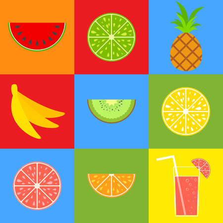 Set of colored isolated mouth-watering fruits. Bright tropical food. Lemon, grapefruit, orange, pineapple, kiwi, banana, watermelon. Cocktail with a straw. Simple flat vector illustrationのイラスト素材