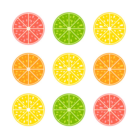 Set of colored isolated halves of mouth-watering fruits on a white background. Juicy, bright, delicious tropical food. Lime, lemon, grapefruit, orange. Simple flat vector illustrationのイラスト素材