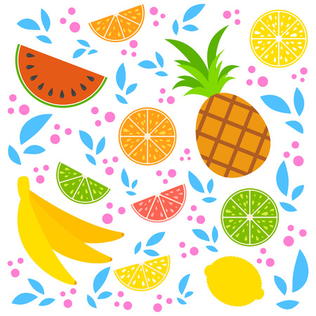 A set of colored insulated delicious fruits on a white background. Bright tropical food. Lime, lemon, grapefruit, orange, pineapple, banana, watermelon. Simple flat vector illustrationのイラスト素材