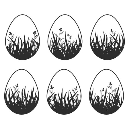 Set of black silhouettes isolated Easter eggs on a white background. With an abstract pattern. Simple flat vector illustration. Suitable for decoration of postcards, advertising, magazines, websites.のイラスト素材