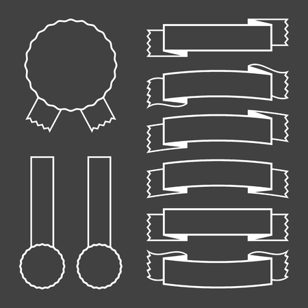 A set of banner ribbons with a white stroke on a black background. Vector illustration.のイラスト素材