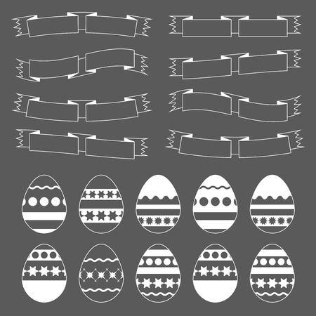 Set of white isolated Easter eggs on a black background. Simple flat vector illustration. Suitable for decoration of postcards, advertising, magazines, websites.のイラスト素材