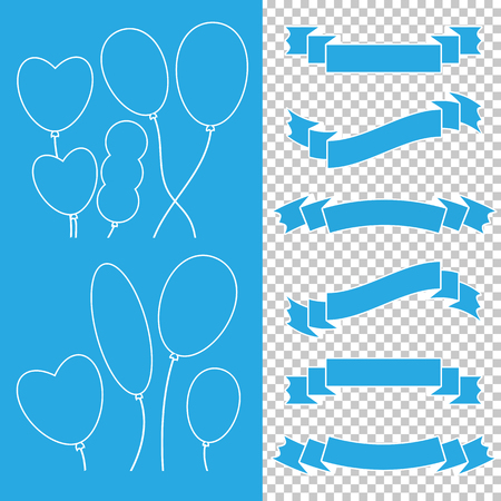 A set of monophonic tapes of banners and balloons. With space for text. A simple flat vector illustration isolated on a transparent background. Suitable for infographics, design, advertising, holidays, labels.のイラスト素材
