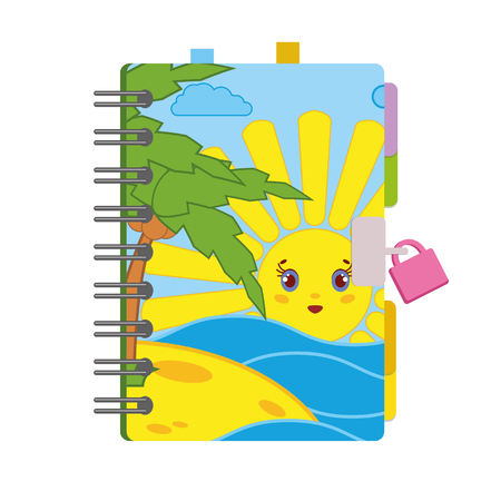 Closed personal diary with a lock and a bright picture on the cover. Simple flat vector illustration isolated on white background.のイラスト素材