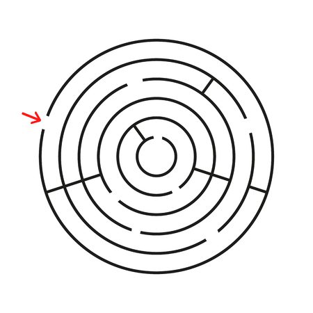 Round labyrinth. With the entrance and exit. An interesting game for children and adults. Simple flat vector illustration isolated on white background.のイラスト素材