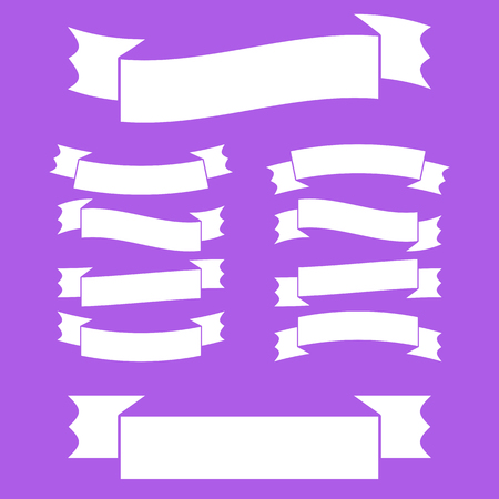 A set of white ribbon banners. With space for text. A simple flat vector illustration isolated on a purple background. Suitable for infographics, design, advertising, holidays, labels.のイラスト素材