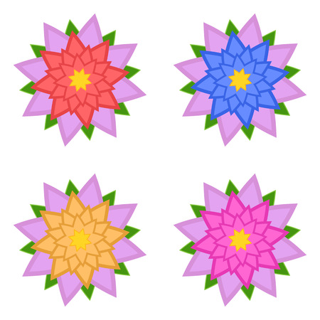 Set of red, blue, yellow, pink flowers with pink petals, isolated on white background. Four options. Suitable for design.のイラスト素材