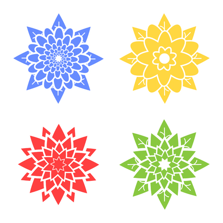 Set of four abstract silhouettes of flowers blue, red, green, yellow.のイラスト素材