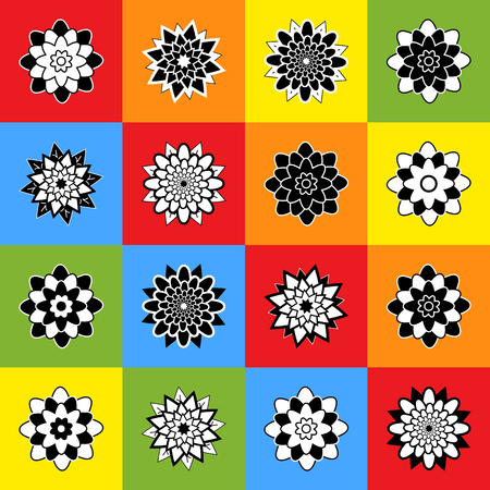 A set of sixteen abstract black and white flowers on colored squaresのイラスト素材