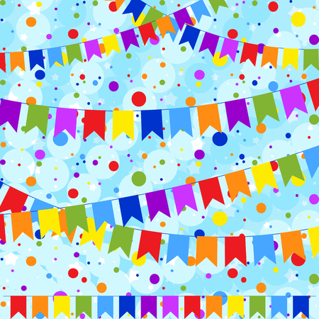 Set of six flat colored garlands isolated in the form of flags on a rope. On the background of colorful confetti. Suitable for design.のイラスト素材